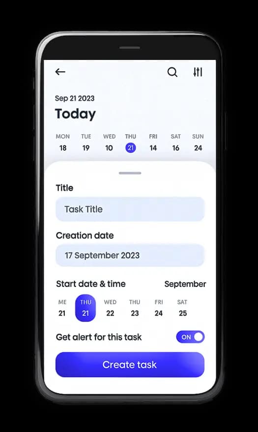 Widok aplikacji mobilnej dla firm – zarządzanie zadaniami, kalendarz i funkcje użytkownika na ekranie smartfona