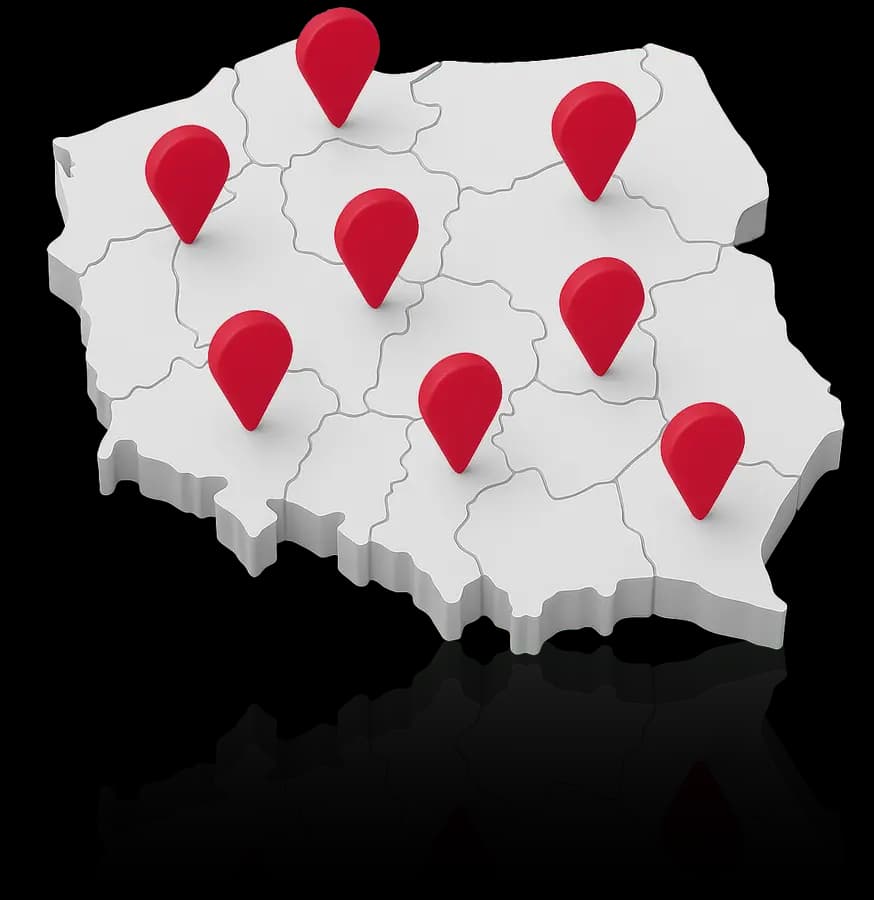 Obsługa firm w całej Polsce – mapa kraju z zaznaczonymi lokalizacjami klientów